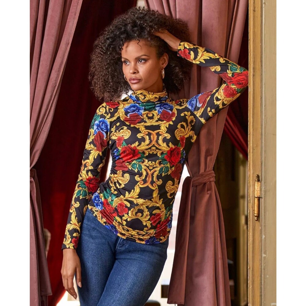 BOSTON PROPER Floral So Chic Ruched Side Turtleneck Top Black Gold Red - M